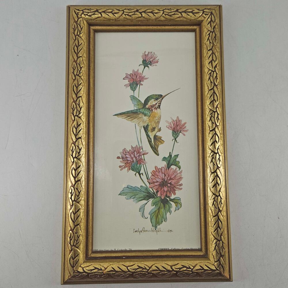 Vintage Carolyn Shores Wright Hummingbird Print Gold Frame 1992